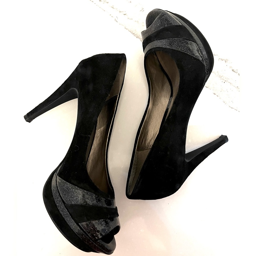 Moda Black Suede Peep Toe Heels